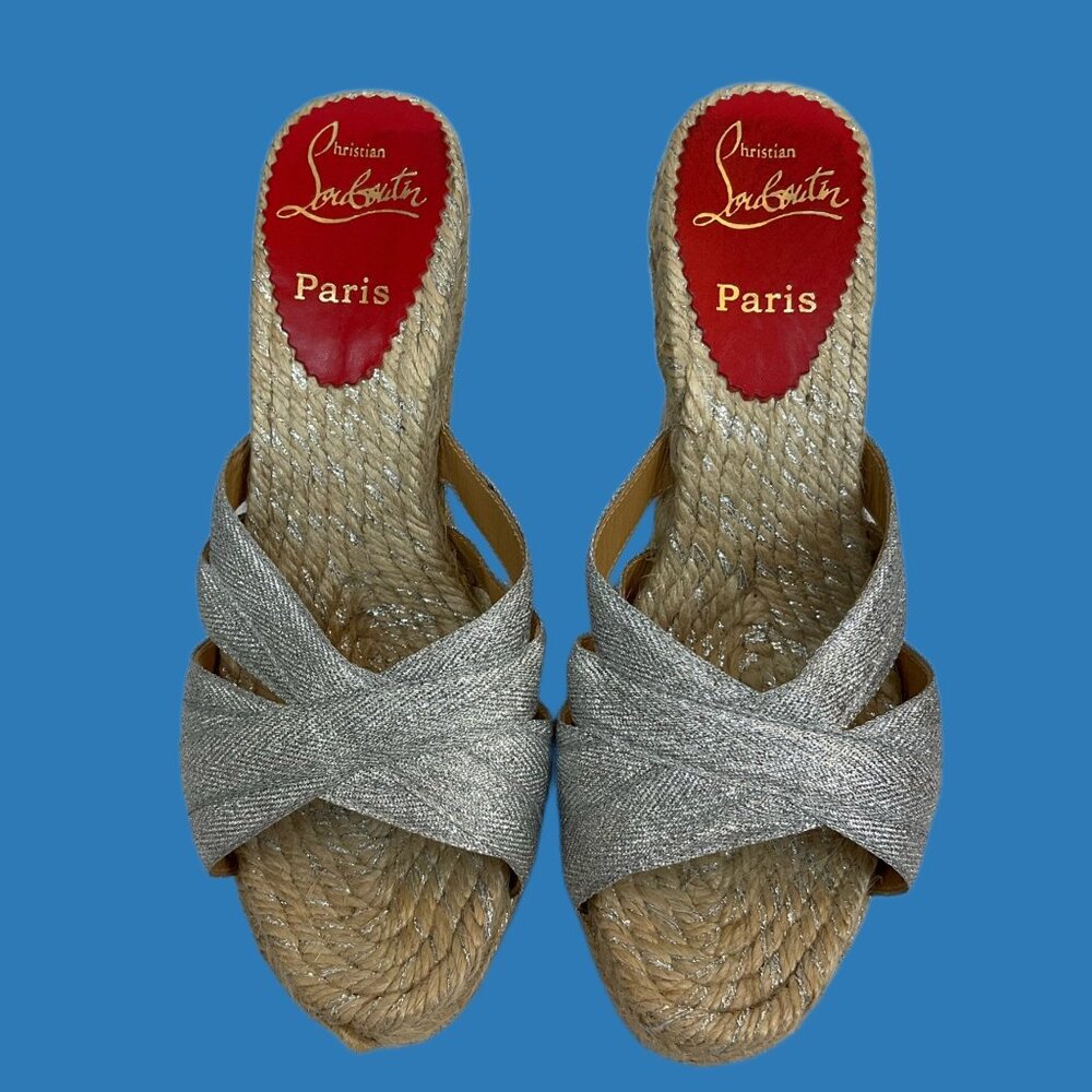 Christian Louboutin Silver Cataribbon Espadrille Wedge Sandals